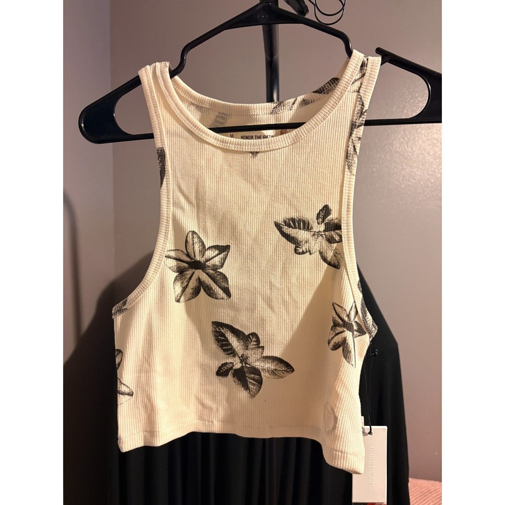 Honor The Gift Ivory Ribbed Floral Cropped Tank Sz M